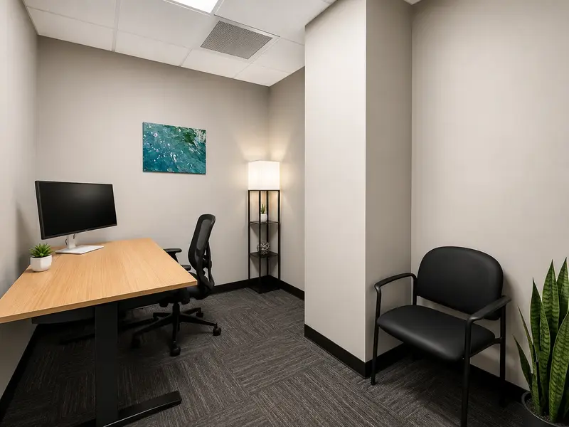 Furnished private office Suite 113 with an electric sit-stand desk, curved monitor, ergonomic chair, and guest seating.