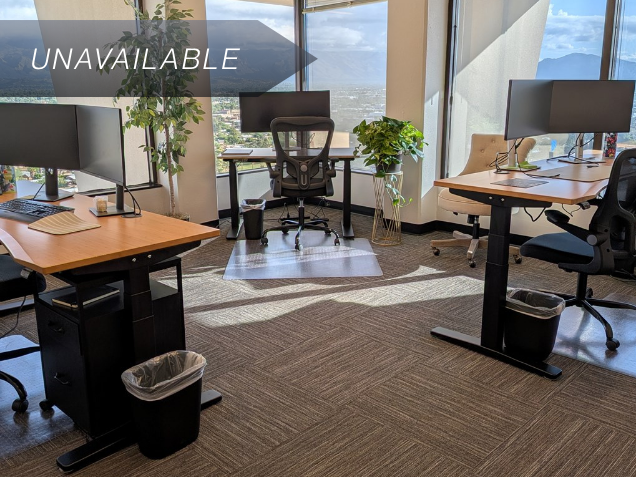 Private corner office Suite 123 in Tucson featuring sit-stand desks, curved monitors, and mountain views.