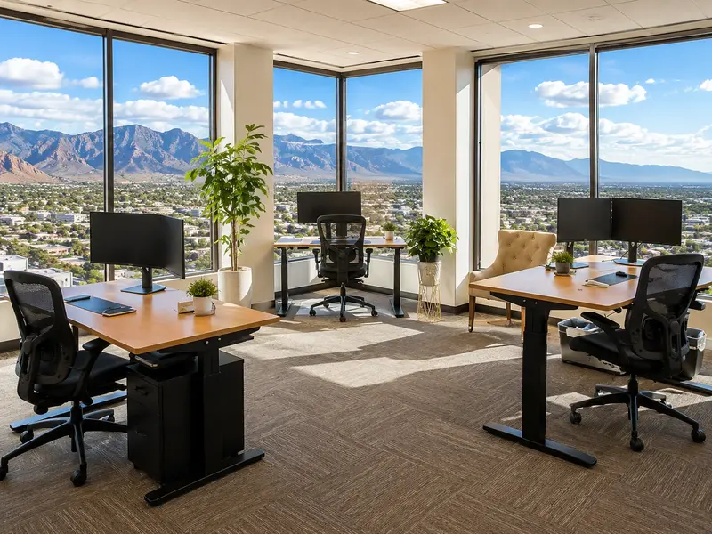 Private corner office Suite 123 at Spoke Tower Suites with sit-stand desks, monitors, and panoramic Tucson mountain views.