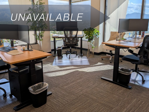Private corner office Suite 123 in Tucson featuring sit-stand desks, curved monitors, and mountain views.
