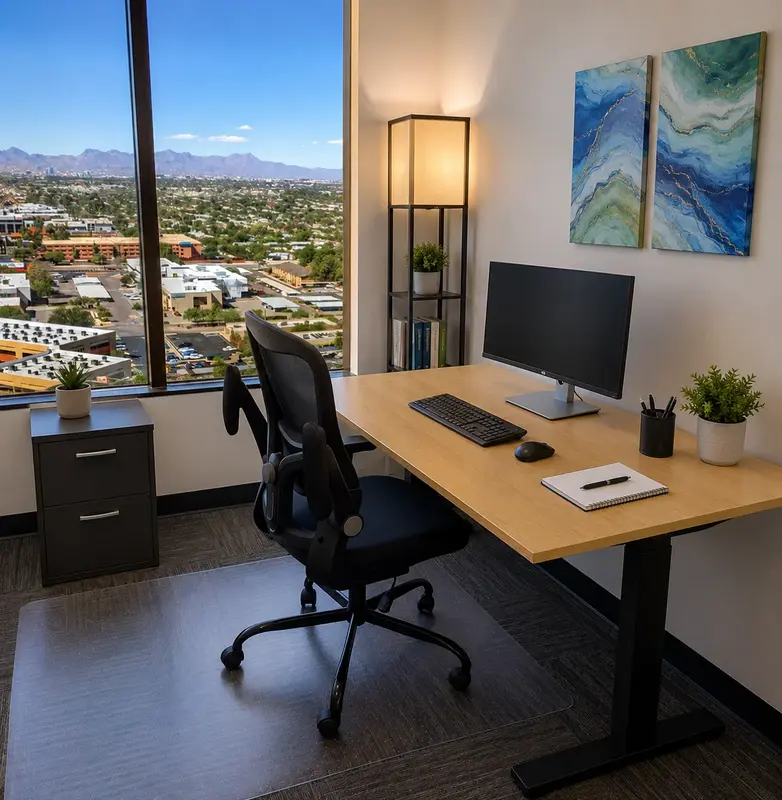 Private office Suite 153 at Spoke Coworking in Tucson with a sit-stand desk, curved monitor, and city views.