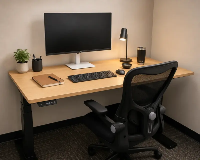 Desk 211 dedicated workstation featuring an electric sit-stand desk, monitor, and ergonomic chair at Spoke Coworking.