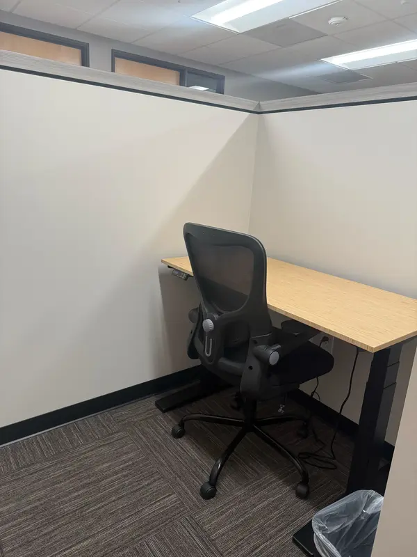 Semi-private dedicated desk workspace at Desk 213 with a bamboo sit-stand desk and ergonomic mesh chair.