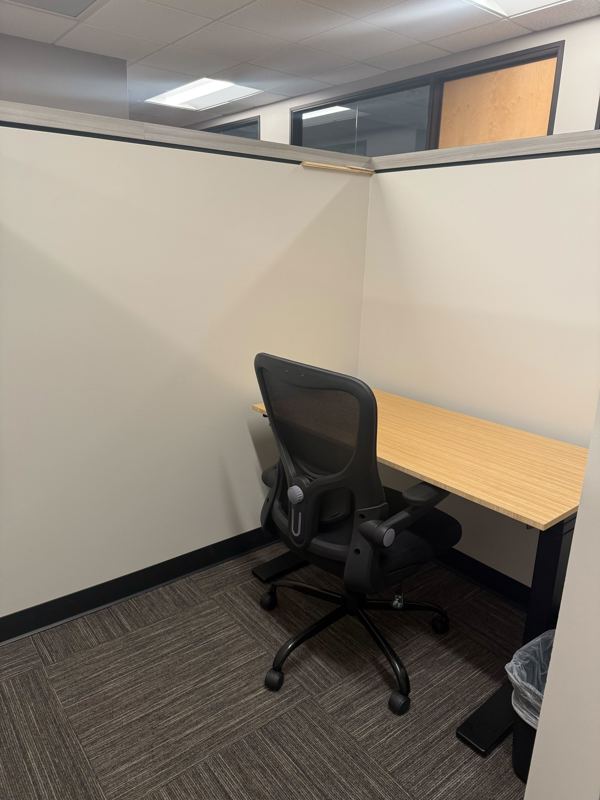 Semi-private dedicated desk 215 featuring a bamboo sit-stand desk and ergonomic mesh chair for a focused workspace.