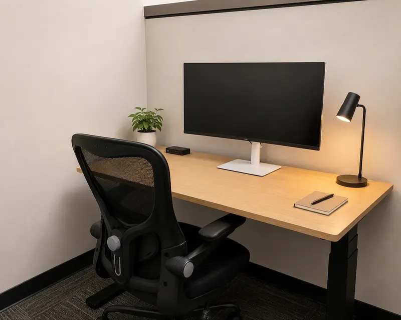 Dedicated Desk 215 workspace with an electric sit-stand desk, widescreen monitor, and ergonomic mesh office chair.