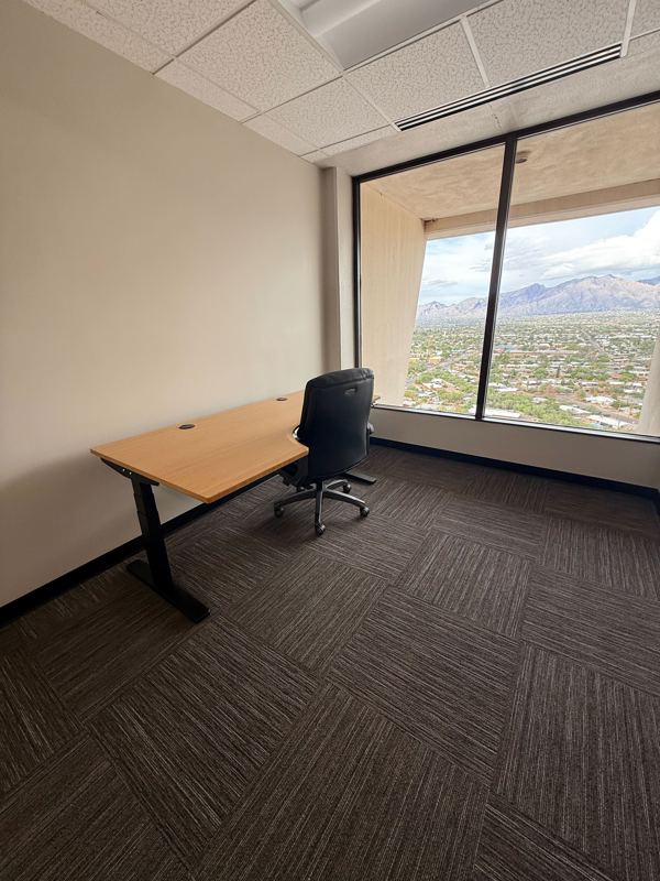 Private executive office Suite 107 with a bamboo sit-stand desk and a large window offering sweeping mountain views.