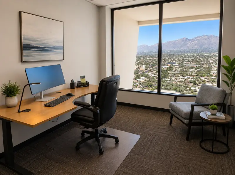 Private executive office Suite 114 with sit-stand desk, curved monitor, and panoramic Tucson mountain views.