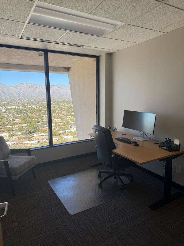Spacious Suite 116 executive office with an ergonomic sit-stand desk and a large window overlooking mountain views.
