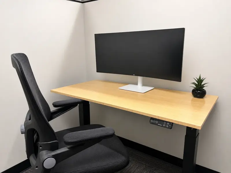 Hot-Desk 202 dedicated workspace with an electric sit-stand desk, widescreen curved monitor, and ergonomic chair.