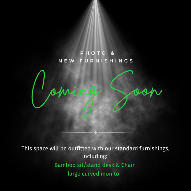 Coming soon announcement for Hot-Desk 203 at 5151, featuring a bamboo sit/stand desk and large curved monitor.