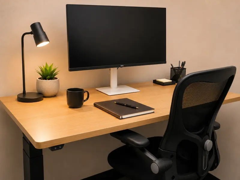 Dedicated Desk 204 workspace at Spoke Coworking featuring an electric sit-stand desk and widescreen monitor.