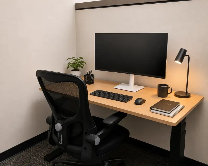 Dedicated Desk 207 semi-private workspace featuring a sit-stand desk, curved monitor, and ergonomic mesh chair.