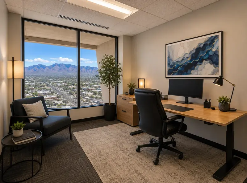 Spacious executive office Suite 125 with a bamboo sit-stand desk, curved monitor, and scenic mountain views.