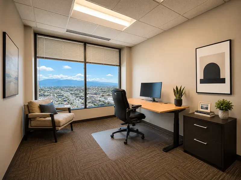 Private office Suite 133 with a sit-stand desk, curved monitor, and scenic high-rise mountain views.