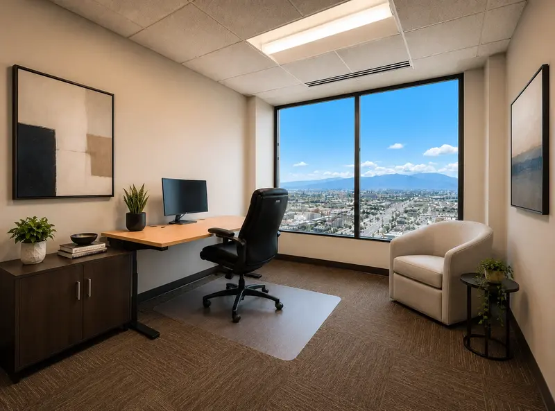 Executive private office Suite 137 with a sit-stand desk, curved monitor, armchair, and high-rise mountain views.