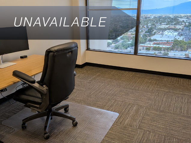Private executive office Suite 139 featuring a sit-stand desk and a large window with scenic mountain views.