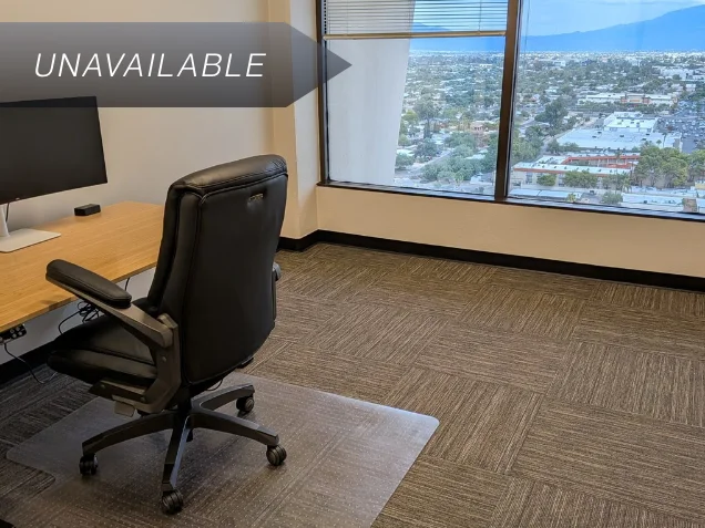 Private executive office Suite 139 with a bamboo sit-stand desk and a large window overlooking mountains and the city.