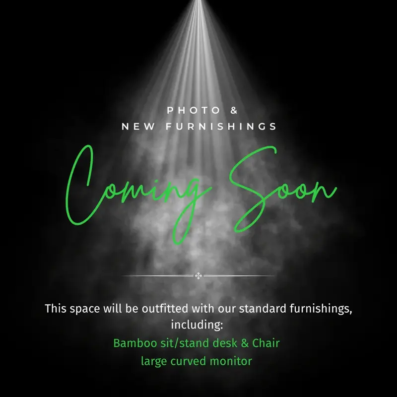 Coming soon announcement for Suite 144 executive office featuring bamboo sit-stand desks and curved monitors.