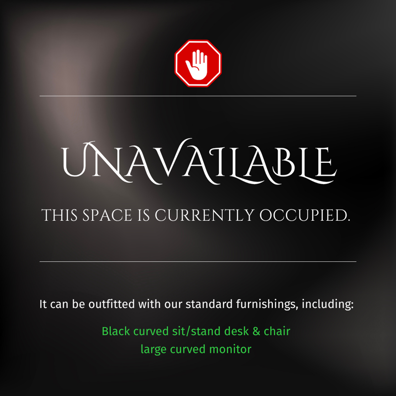 Suite 150 executive office is currently occupied. Standard furnishings include a sit/stand desk and curved monitor.