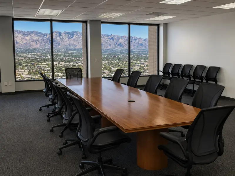 Catalina Conference Center boardroom table and seating with panoramic mountain views in Tucson.