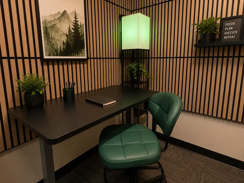 Private Green Booth workspace featuring acoustic wood slat walls, desk, and ergonomic green chair for video calls.