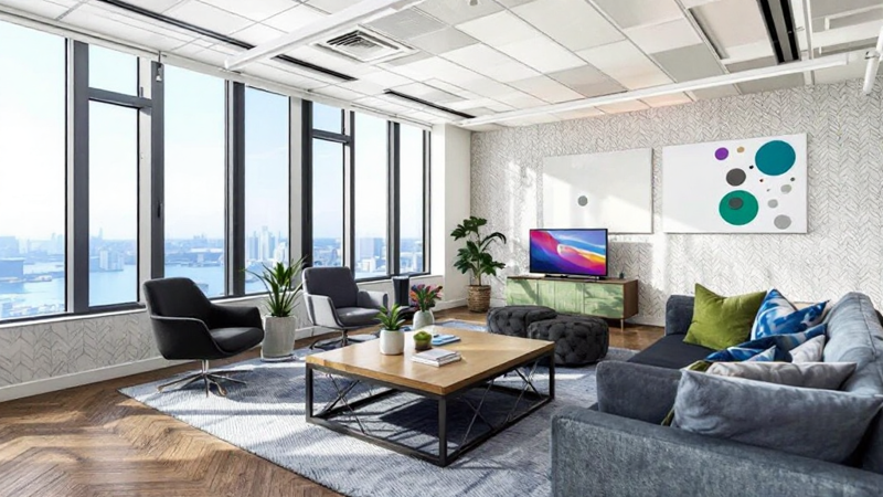 An interior shot of Spoke Coworking's new Tower Suites on the 17th floor of 5151 E. Broadway, featuring 56 private suites, meeting rooms, high-speed internet, and community amenities.