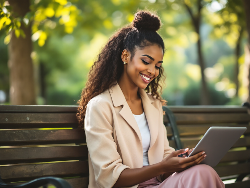 A smiling professional woman in a beige blazer using a tablet while sitting on a wooden park bench in a sunlit park.