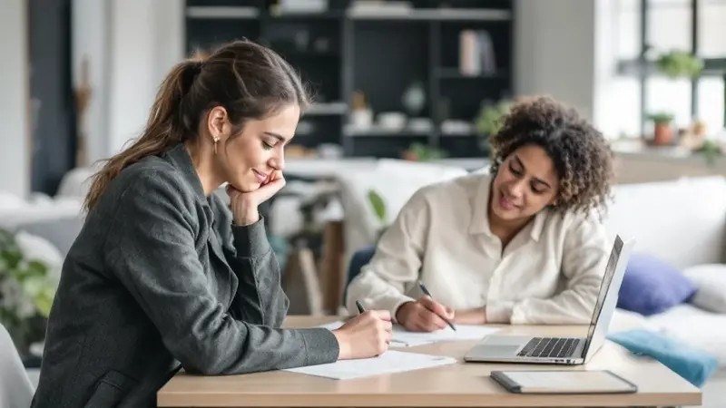 Two professional women collaborating at a desk with a laptop and documents in a bright, modern coworking office space.
