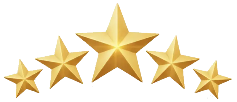 Five shiny gold 3D stars arranged in an arc, symbolizing a five-star rating or high quality.