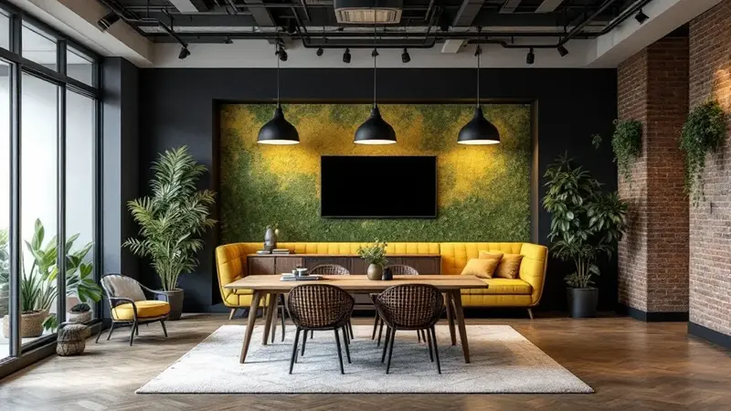 A modern coworking lounge with a yellow sofa, green textured wall, and a wooden meeting table under industrial lighting.