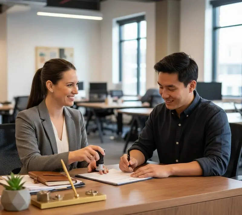 A professional notary public stamping documents while a client signs paperwork at an office desk.