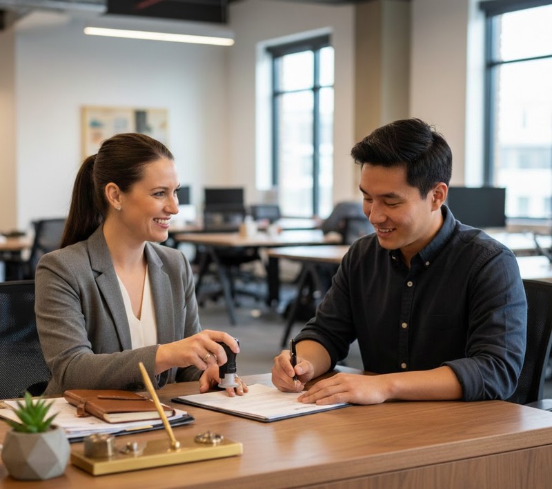 A professional notary public stamps a document as a client signs it during a notary services appointment.