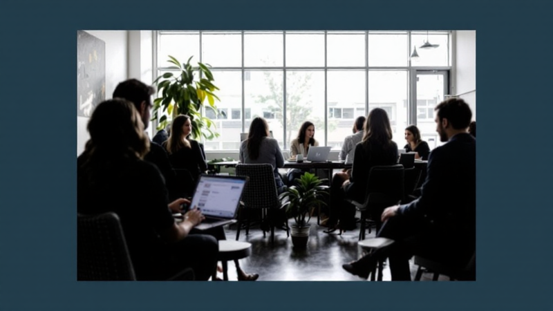 An illustration of professionals collaborating in a modern Spoke Coworking space in Tucson, featuring shared desks, meeting rooms, and community areas that highlight productivity, flexibility, and a welcoming professional environment.