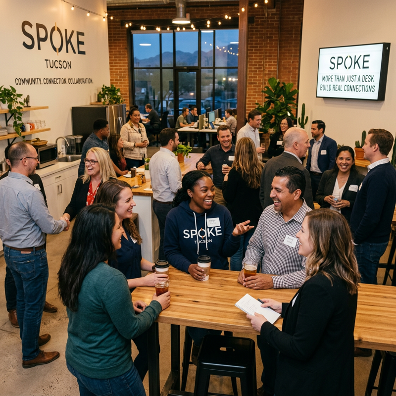 Professionals networking and building community connections at the Spoke Coworking space in Tucson.