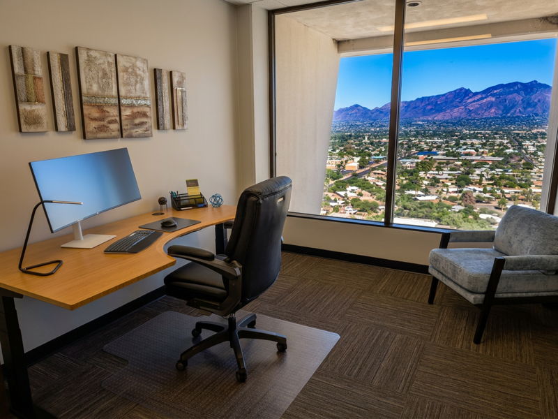 A modern executive office suite with a desk, leather chair, and a large window offering a scenic mountain view.