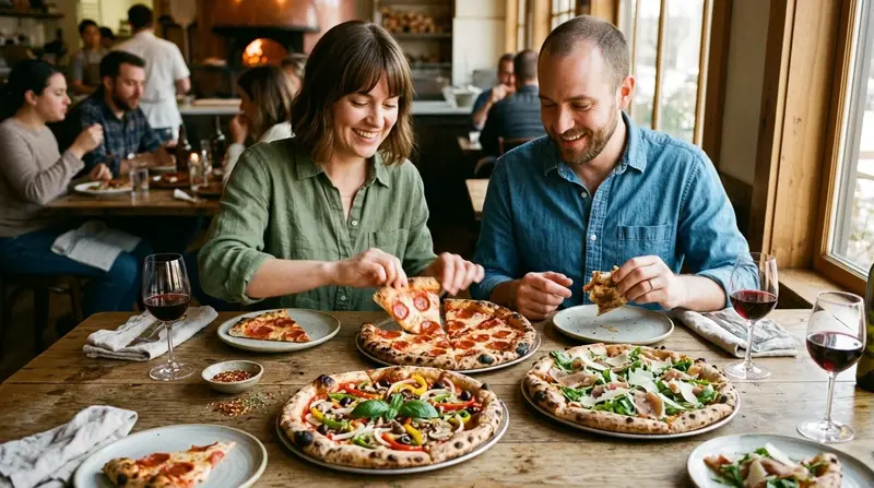 Members enjoying artisanal pizza and wine during a community social event at Spoke Coworking in Tucson.