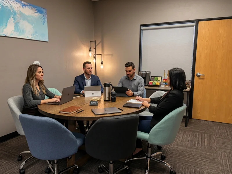 The Conference Lounge in East Tucson featuring a round wooden table, colorful chairs, and a coffee station for meetings.