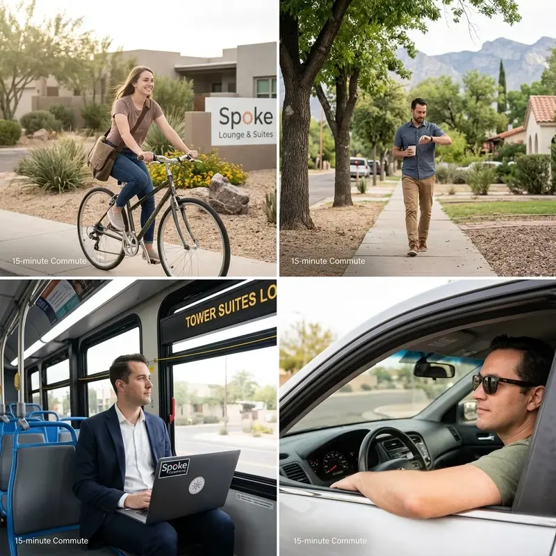Four-panel grid showing 15-minute commute options to Spoke Coworking in Tucson: biking, walking, bus, and driving.