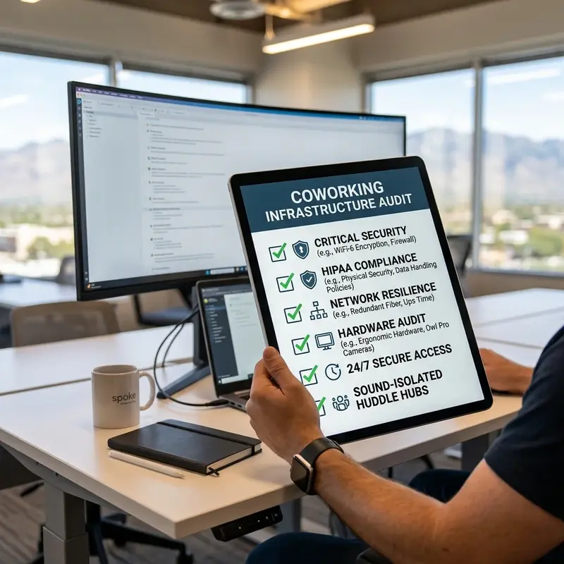 A tablet displaying a coworking infrastructure audit checklist at a Spoke Coworking desk in Tucson, Arizona.