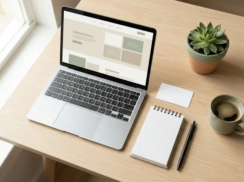 Minimal wooden desk setup with an open laptop, blank notepad, pen, potted succulent, and coffee cup.