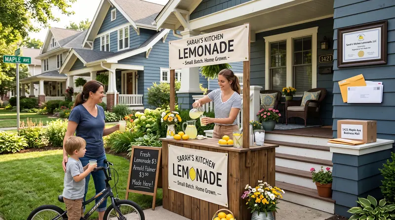 Woman running a home-based business lemonade stand in front of a residential house with business mail.