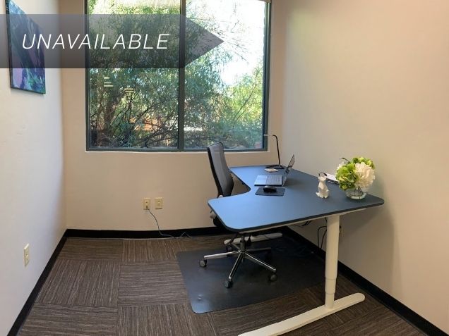 Private office Junior Suite 121 featuring an electric sit-stand desk and a large window with natural light.