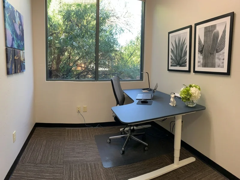 Private office Junior Suite 121 featuring an electric sit-stand desk and a large window with natural light.