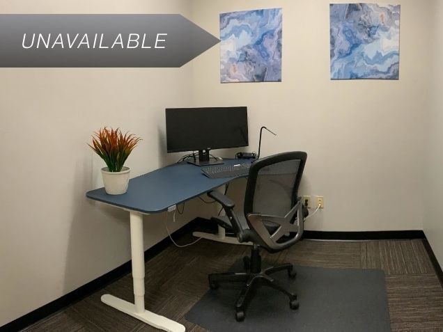 Private mini office suite 114 with a blue sit-stand desk, curved monitor, and ergonomic chair for focused work.
