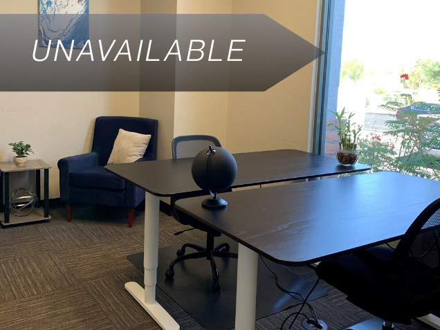 Private Suite 102 office with two electric sit-stand desks, a blue armchair, and natural light from a large window.