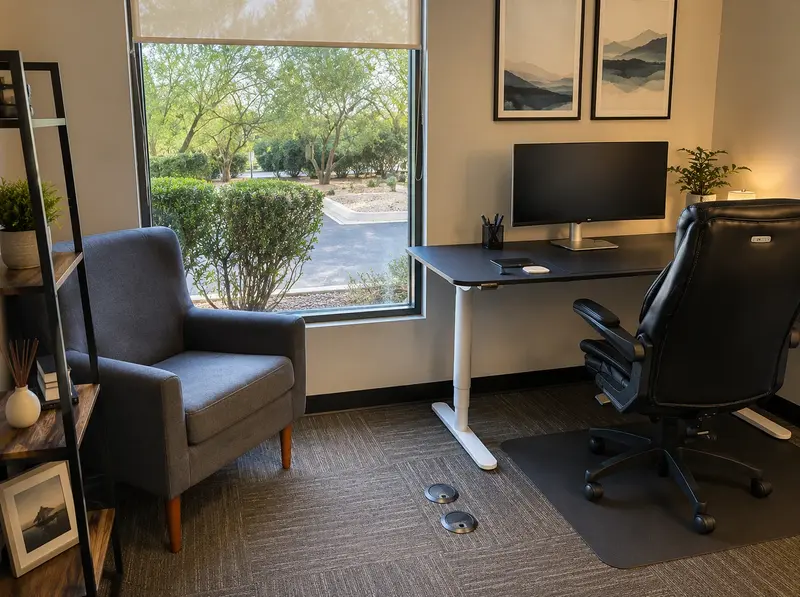 Private office Suite 106 at Spoke Coworking with an electric sit-stand desk, curved monitor, and guest armchair.