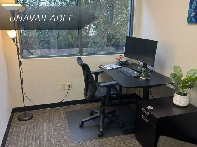 Private office Suite 122 featuring a sit-stand desk, curved monitor, and large window with natural light and greenery views.