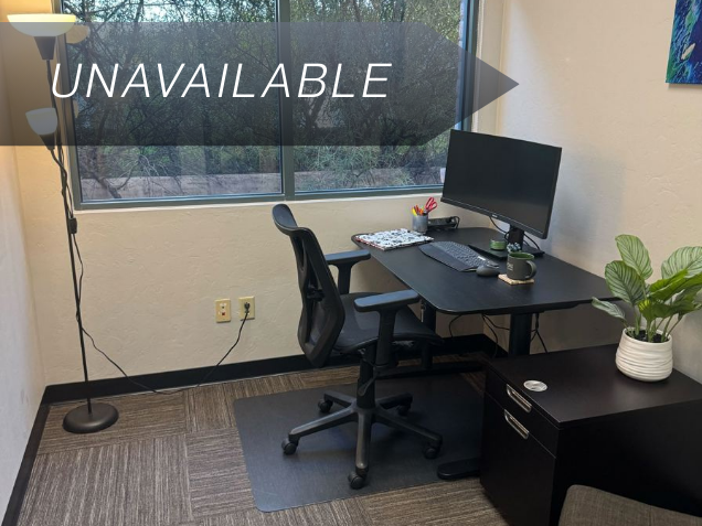 Private office Suite 122 with a sit-stand desk, curved monitor, and large window overlooking greenery.