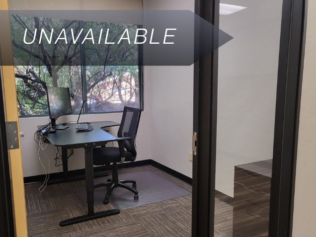 Private junior office Suite 119 featuring a sit-stand desk, curved monitor, and a large window with a view of trees.