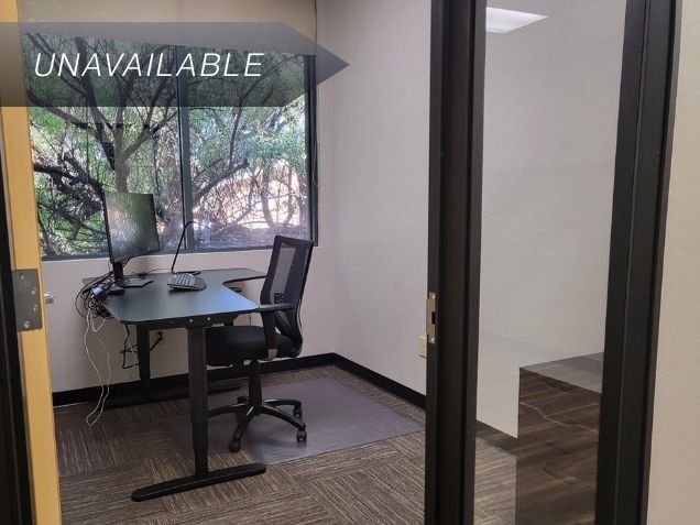 Private junior office Suite 119 with a sit-stand desk, curved monitor, and a large window overlooking green trees.